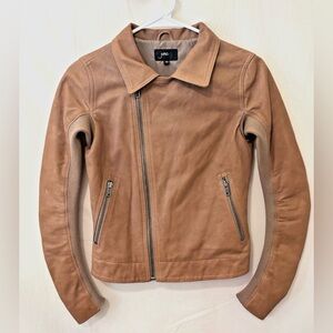 June Brown Leather Cropped Moto Jacket Women's XS Asymmetrical Zip Ribbed Biker